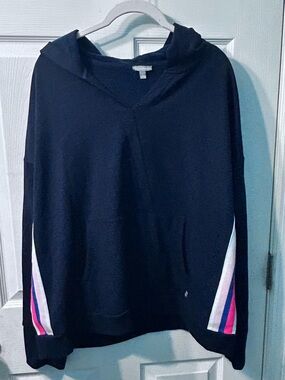 Talbots Navy Hooded Sweater with Pink and White Sleeve Stripes